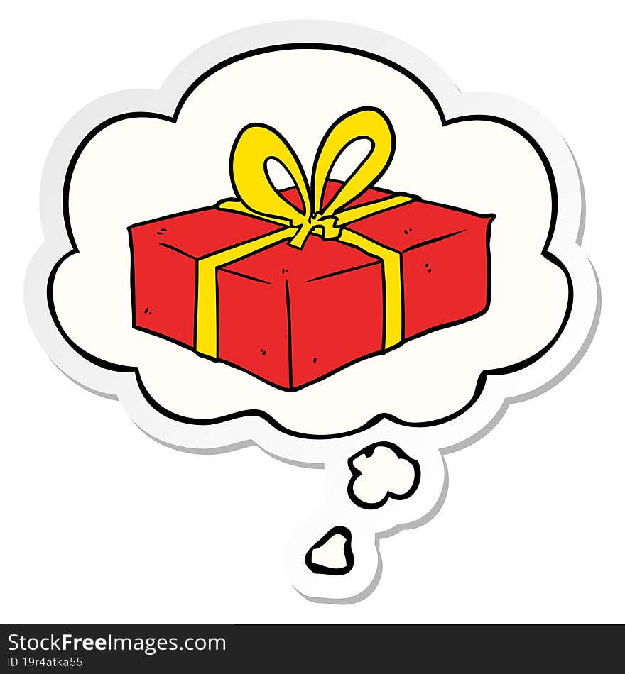 cartoon wrapped gift with thought bubble as a printed sticker