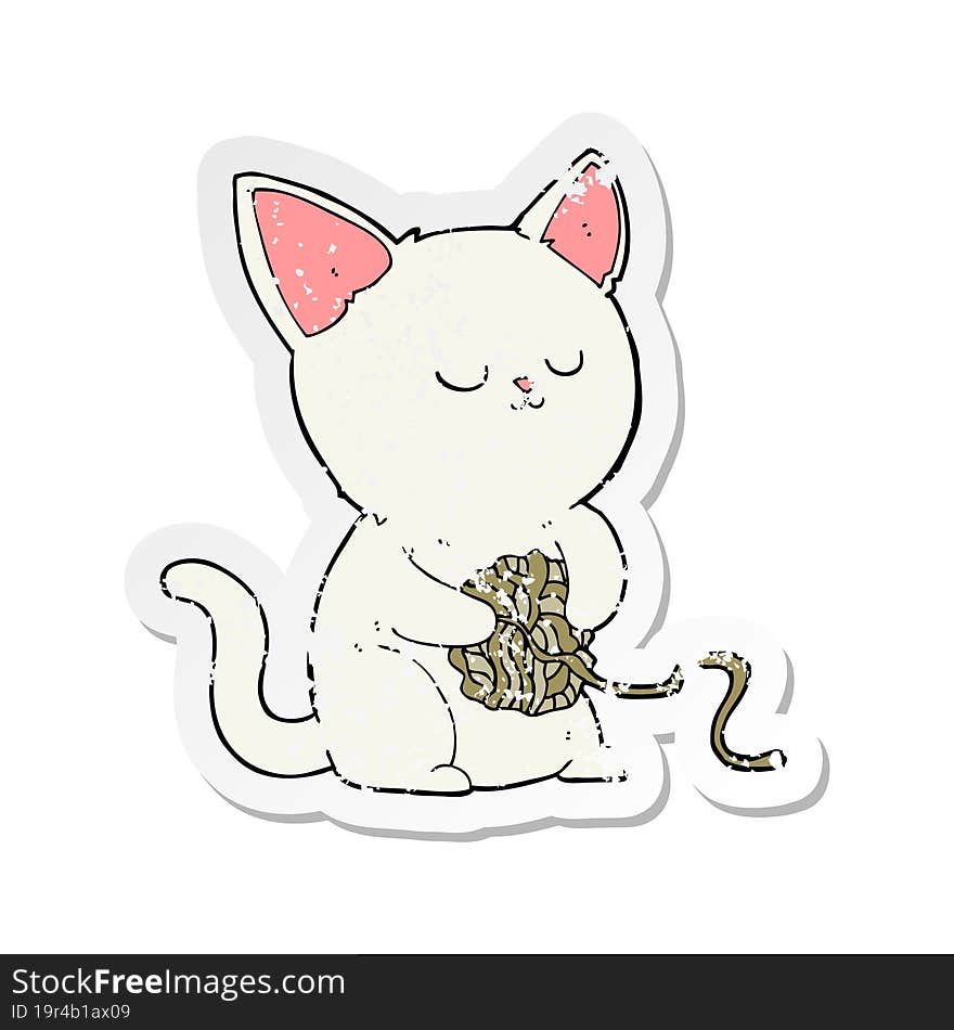 retro distressed sticker of a cartoon cat playing with ball of yarn