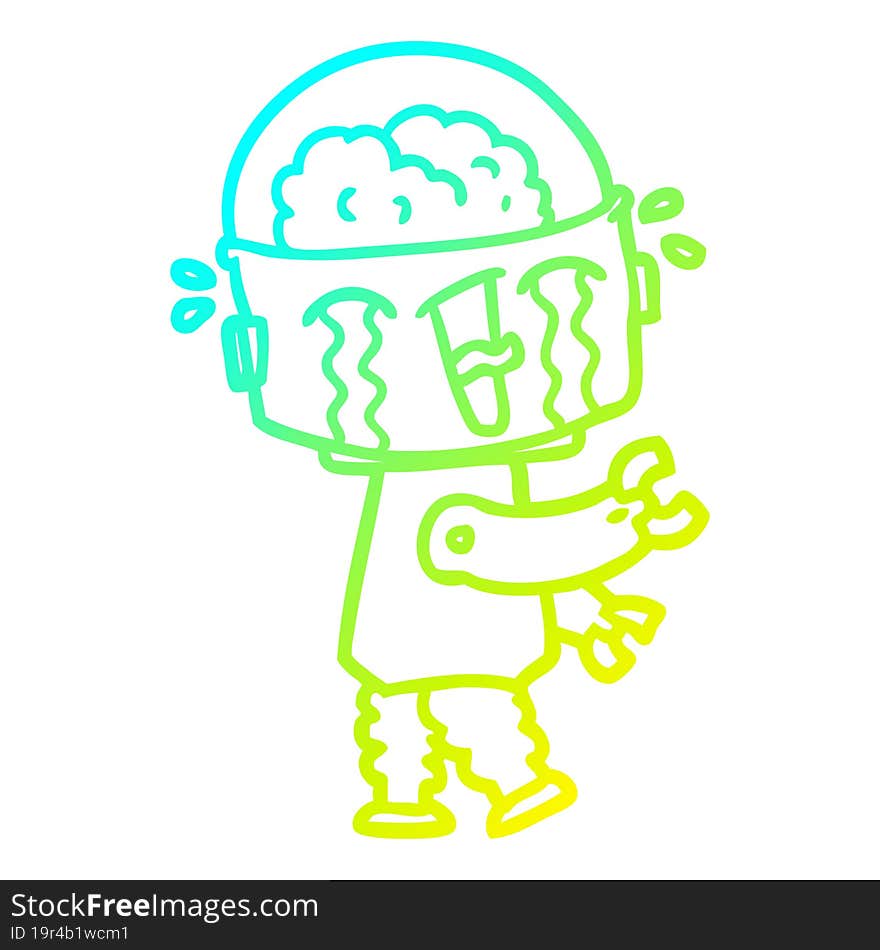 cold gradient line drawing cartoon crying robot