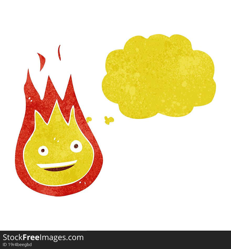 cartoon friendly fireball with thought bubble