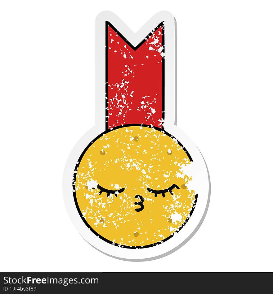 distressed sticker of a cute cartoon gold medal