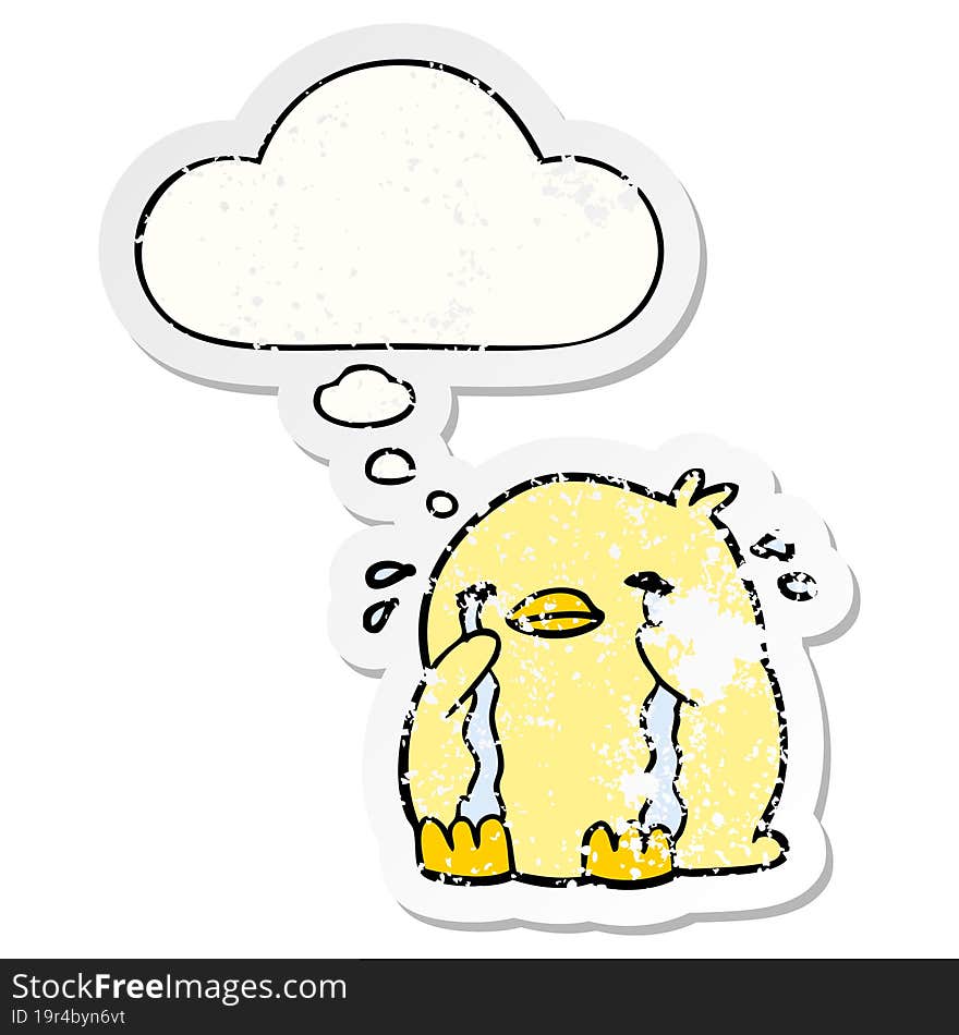 cartoon crying bird with thought bubble as a distressed worn sticker