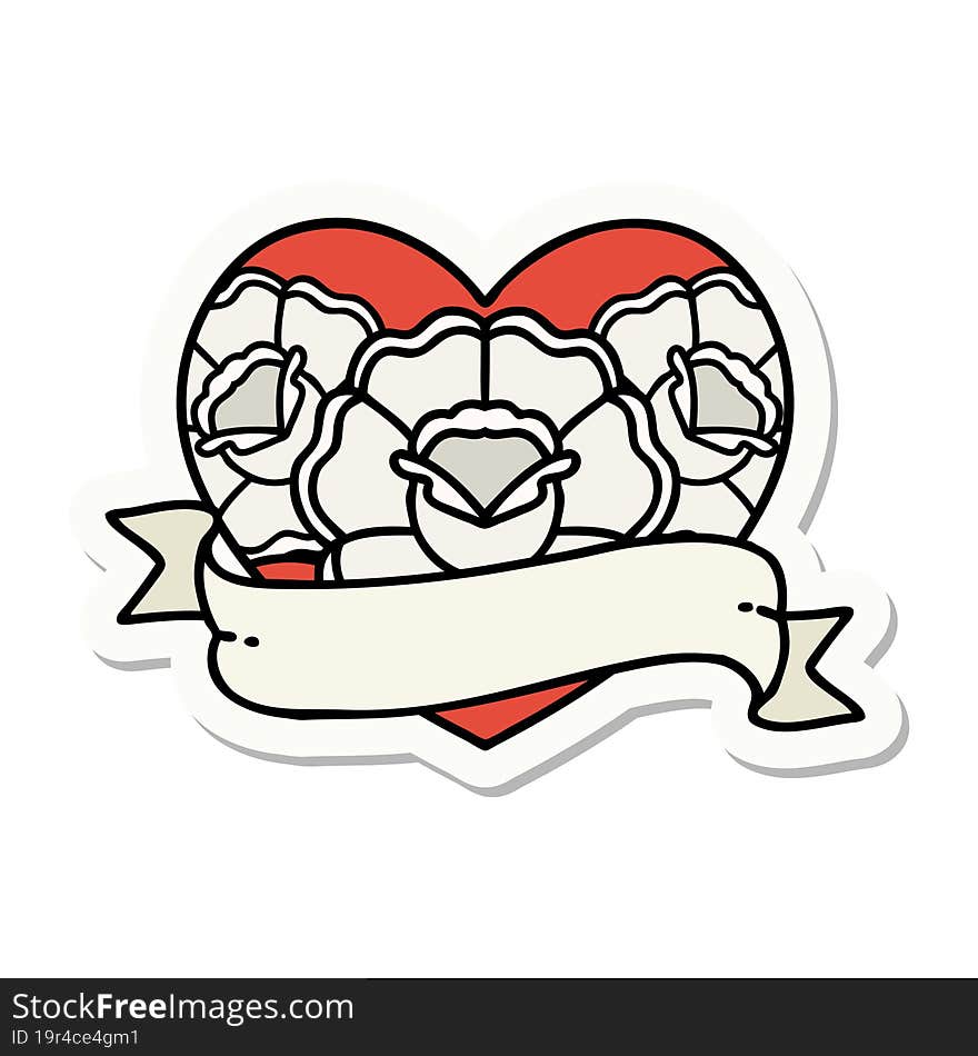 sticker of tattoo in traditional style of a heart and banner with flowers. sticker of tattoo in traditional style of a heart and banner with flowers