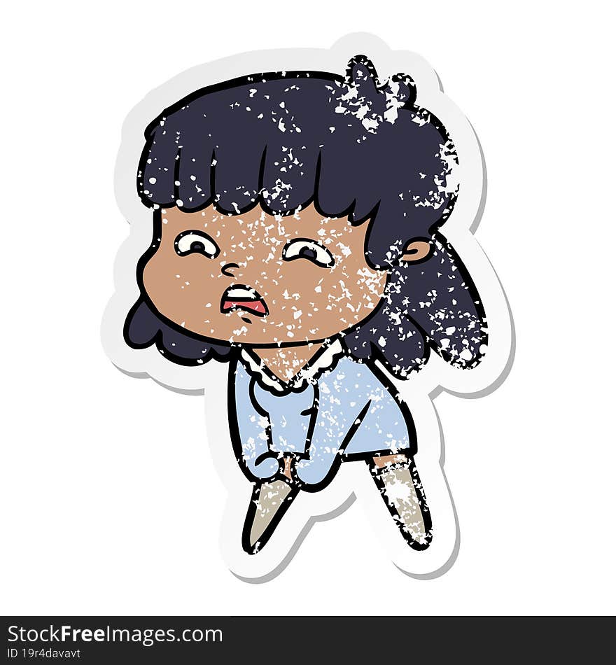 distressed sticker of a cartoon worried woman