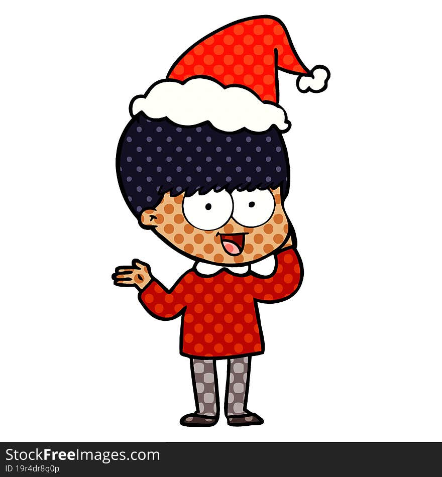 happy hand drawn comic book style illustration of a boy wearing santa hat. happy hand drawn comic book style illustration of a boy wearing santa hat