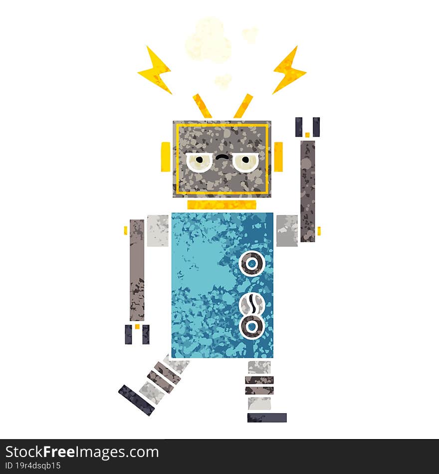 Retro Illustration Style Cartoon Malfunctioning Robot