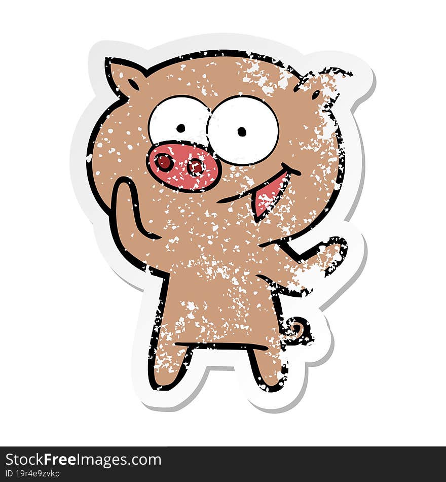 distressed sticker of a cheerful pig cartoon