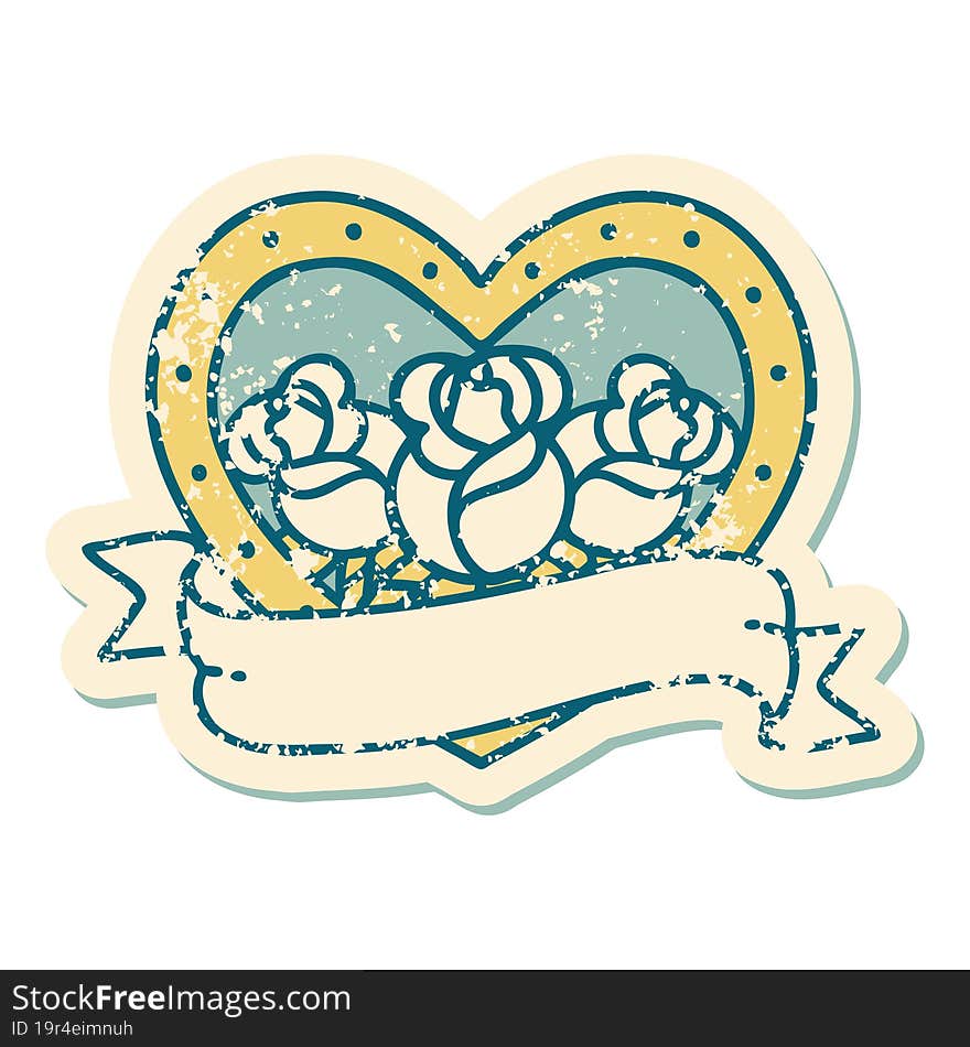 Distressed Sticker Tattoo Style Icon Of A Heart And Banner With Flowers