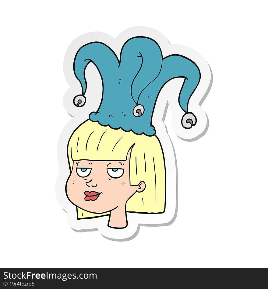 Sticker Of A Cartoon Woman Wearing Jester Hat