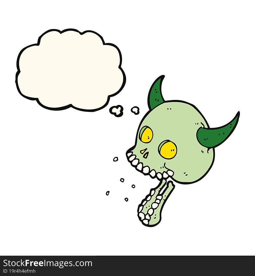 cartoon spooky skull with thought bubble