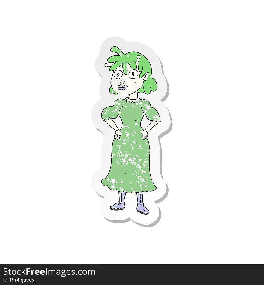 Retro Distressed Sticker Of A Cartoon Alien Woman