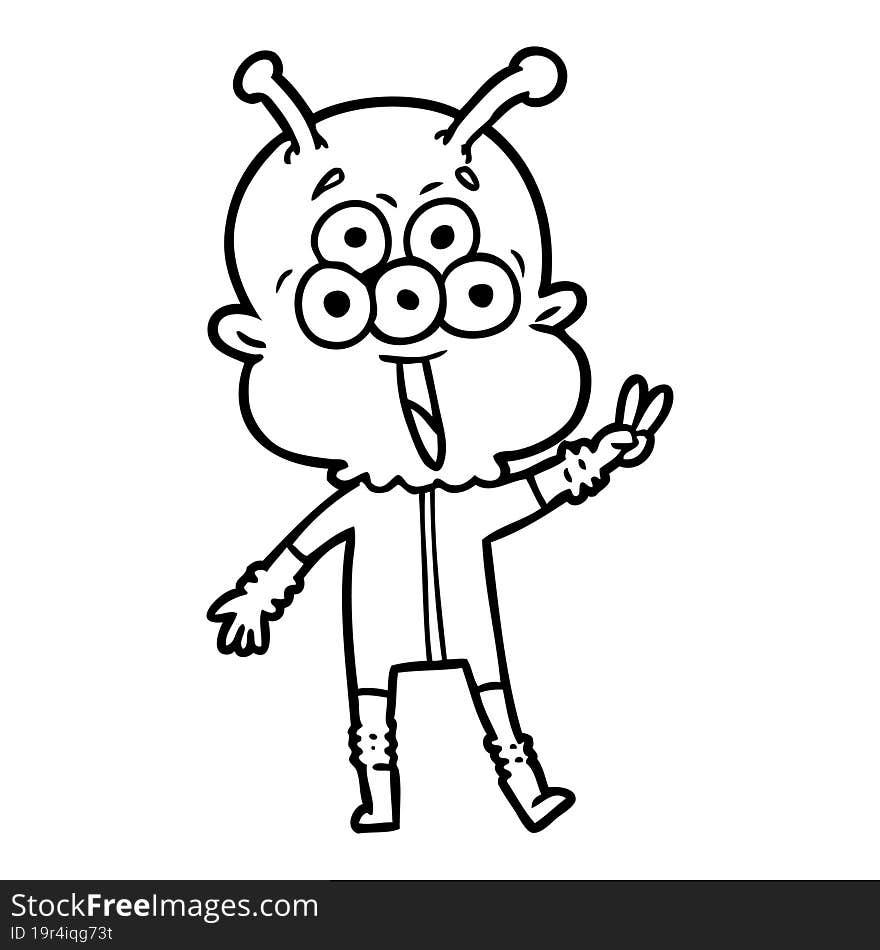 happy cartoon alien waving peace gesture. happy cartoon alien waving peace gesture