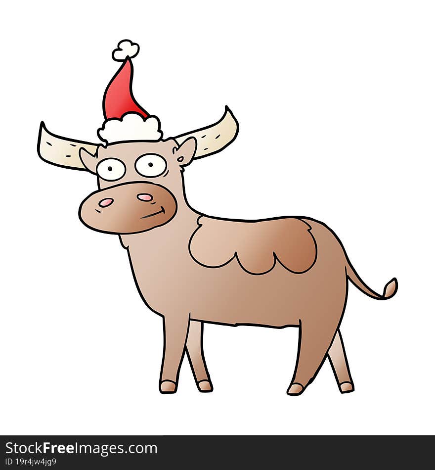 Gradient Cartoon Of A Bull Wearing Santa Hat