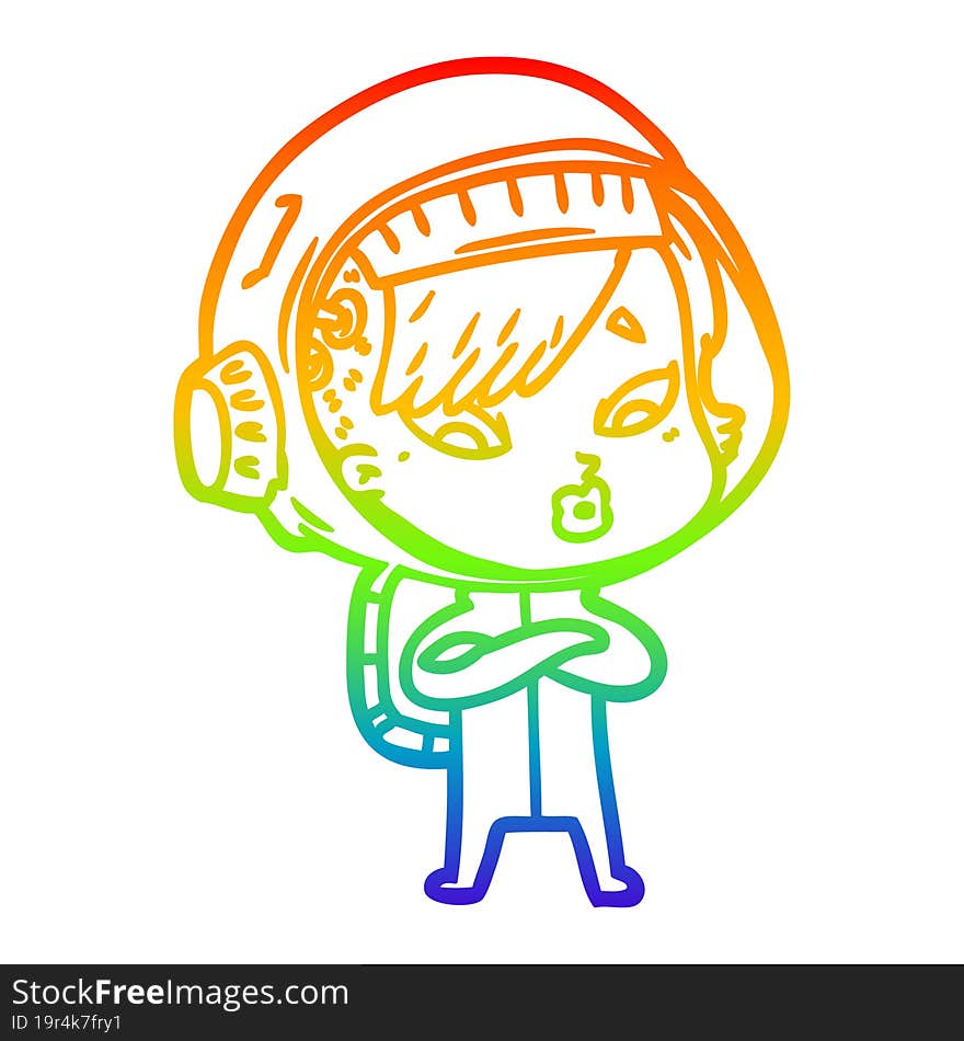 rainbow gradient line drawing of a cartoon astronaut woman