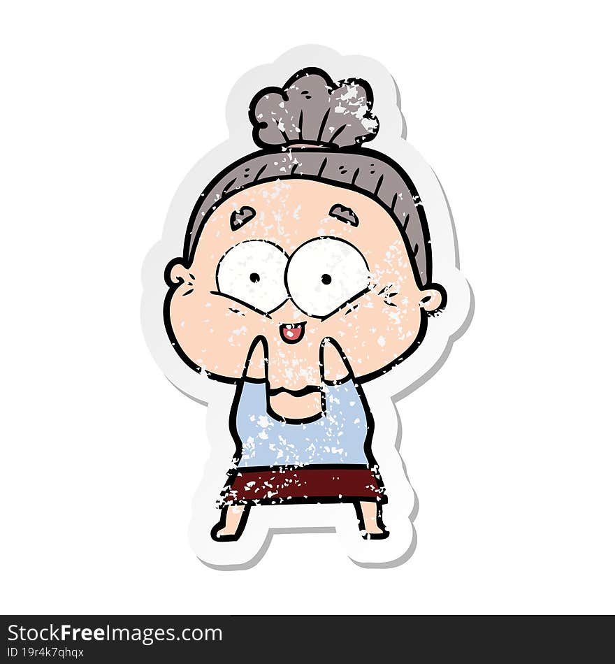 distressed sticker of a cartoon happy old woman