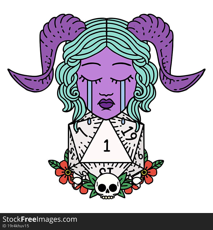 Retro Tattoo Style crying tiefling with natural one D20 dice roll. Retro Tattoo Style crying tiefling with natural one D20 dice roll