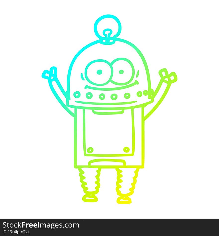 cold gradient line drawing happy carton robot with light bulb