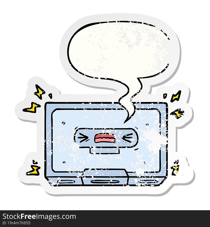 cartoon angry old cassette tape with speech bubble distressed distressed old sticker. cartoon angry old cassette tape with speech bubble distressed distressed old sticker