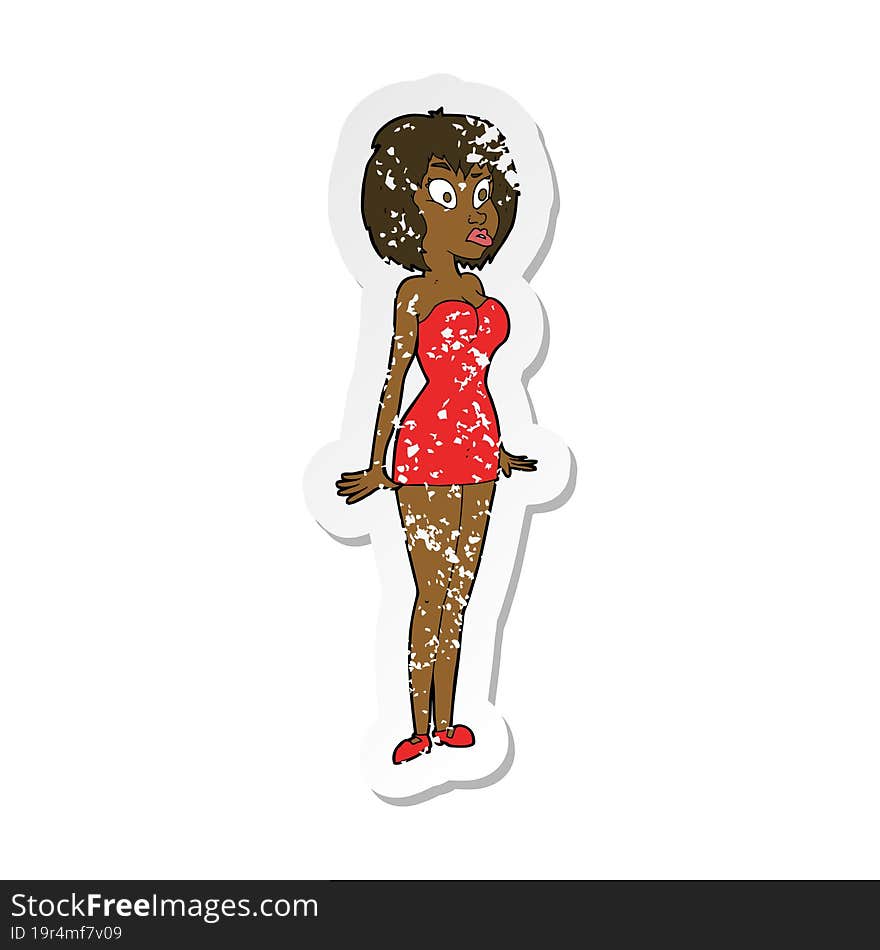 retro distressed sticker of a cartoon surprised woman in short dress