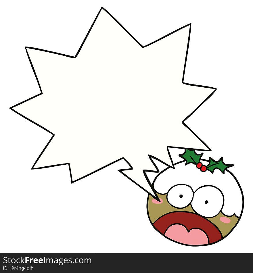 cartoon christmas pudding and shocked face and speech bubble