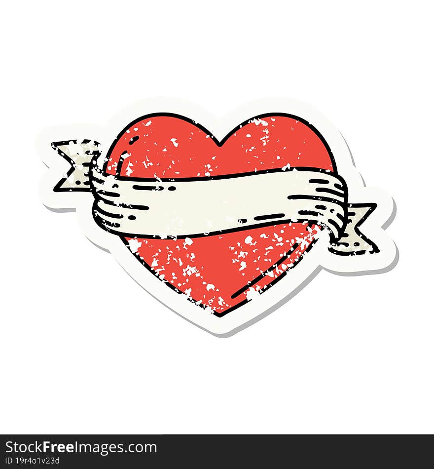 distressed sticker tattoo in traditional style of a heart and banner. distressed sticker tattoo in traditional style of a heart and banner