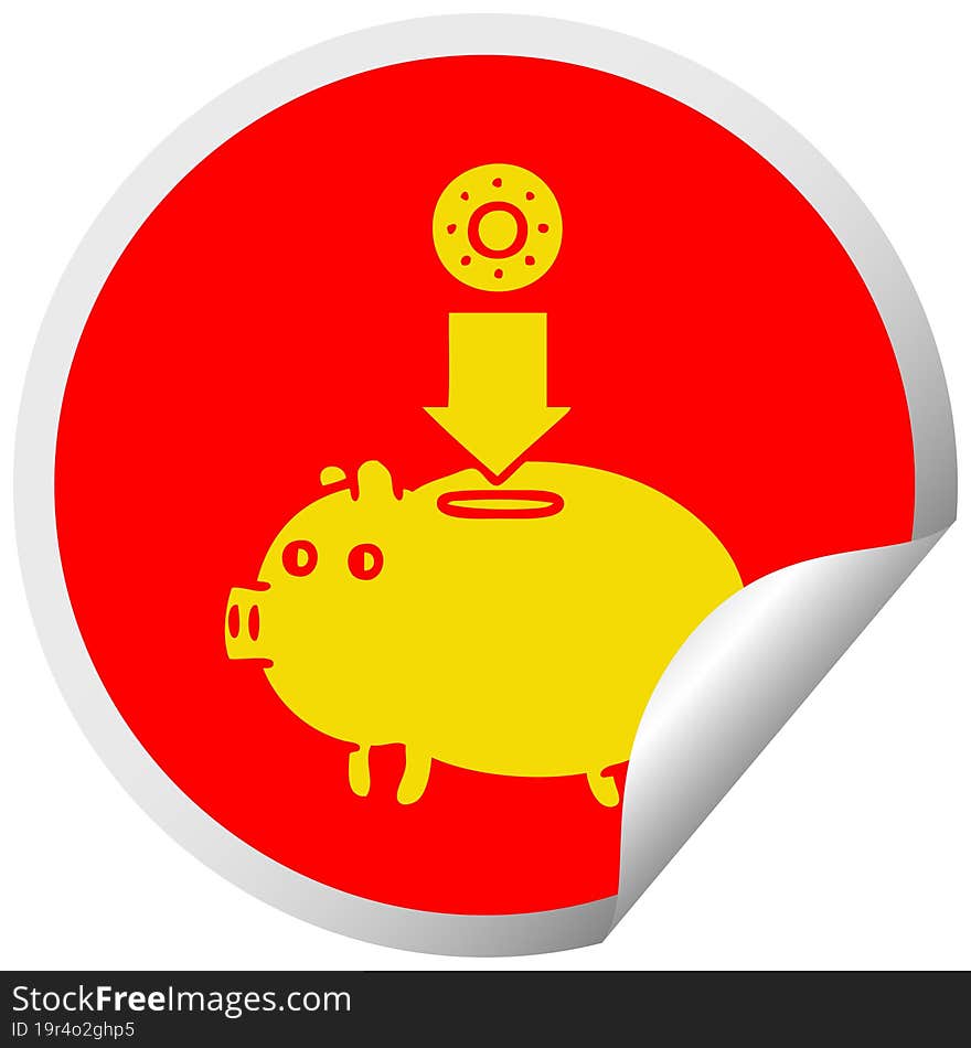 circular peeling sticker cartoon of a piggy bank