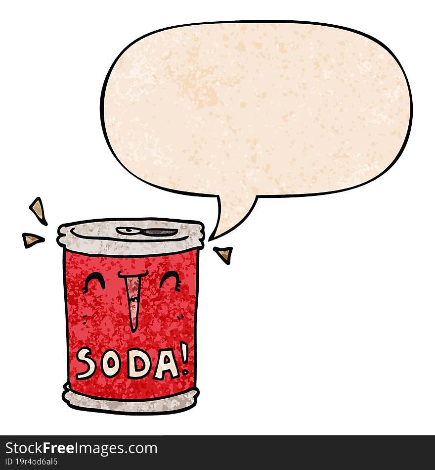 cartoon soda can with speech bubble in retro texture style