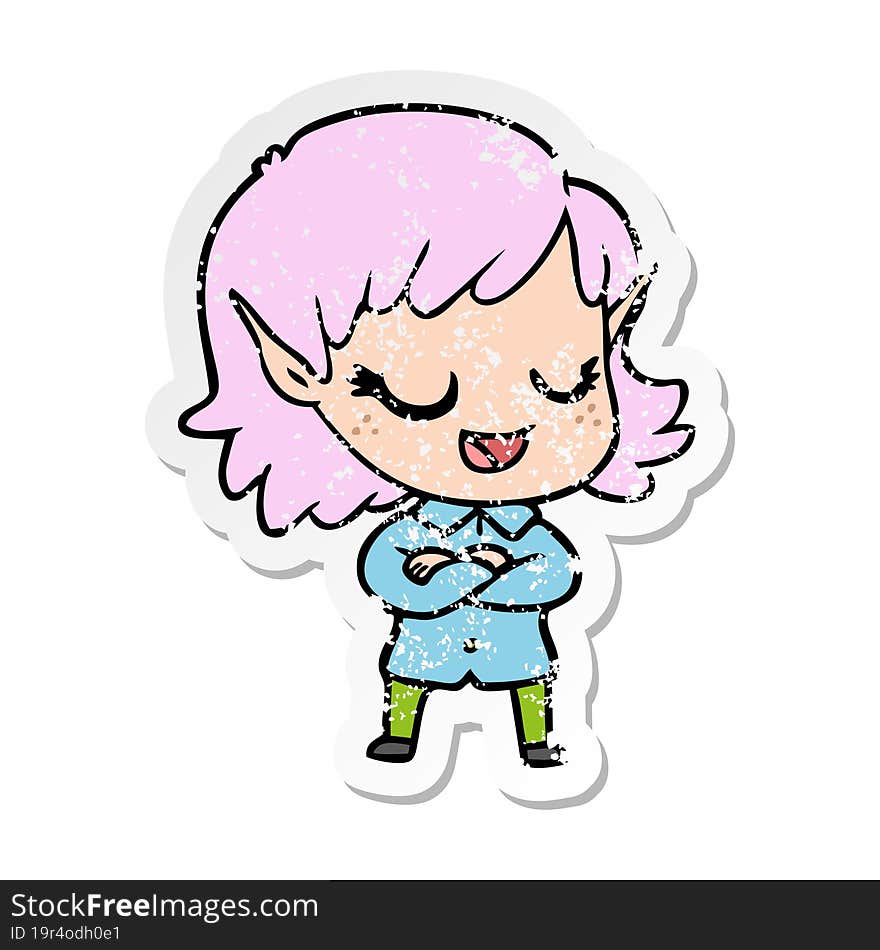 Distressed Sticker Of A Happy Cartoon Elf Girl