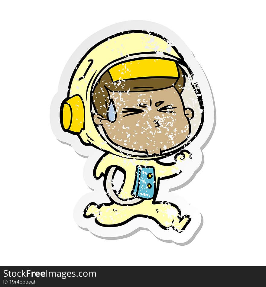 distressed sticker of a cartoon stressed astronaut