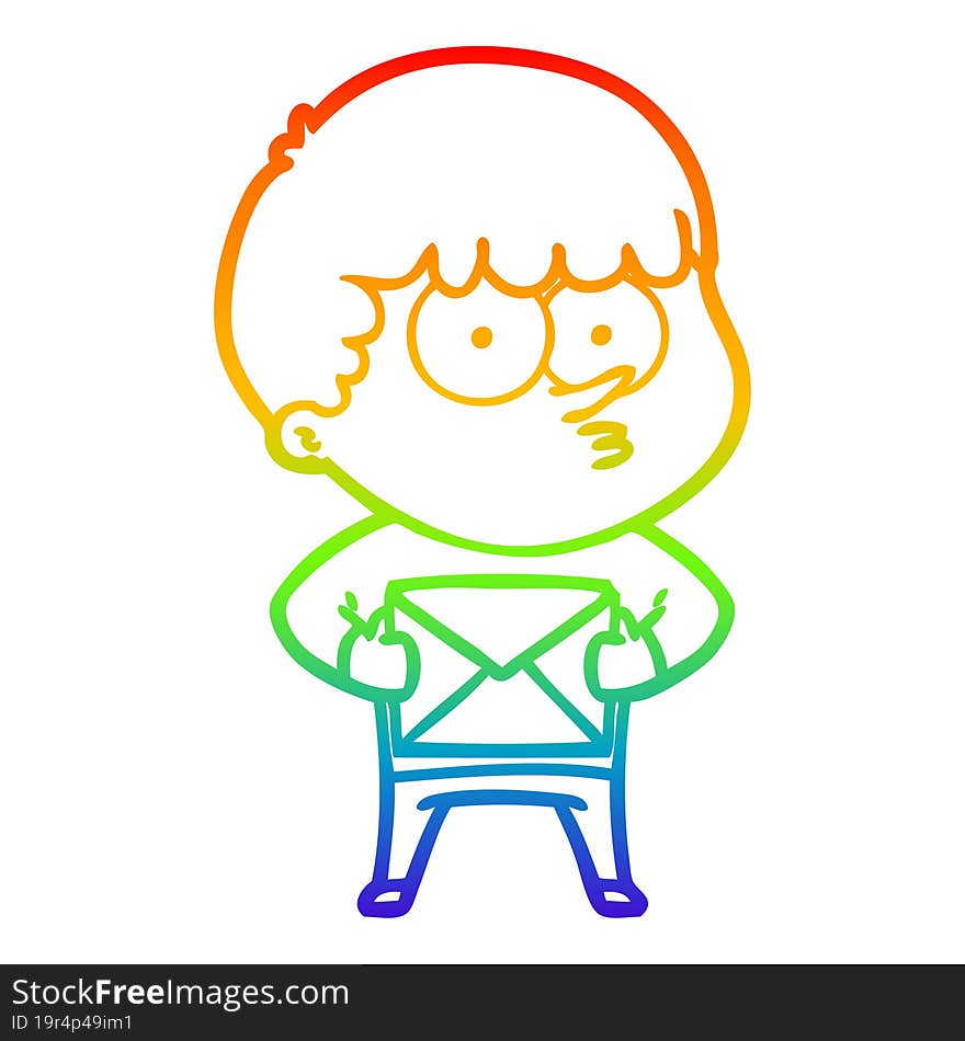 rainbow gradient line drawing cartoon curious boy carrying a gift