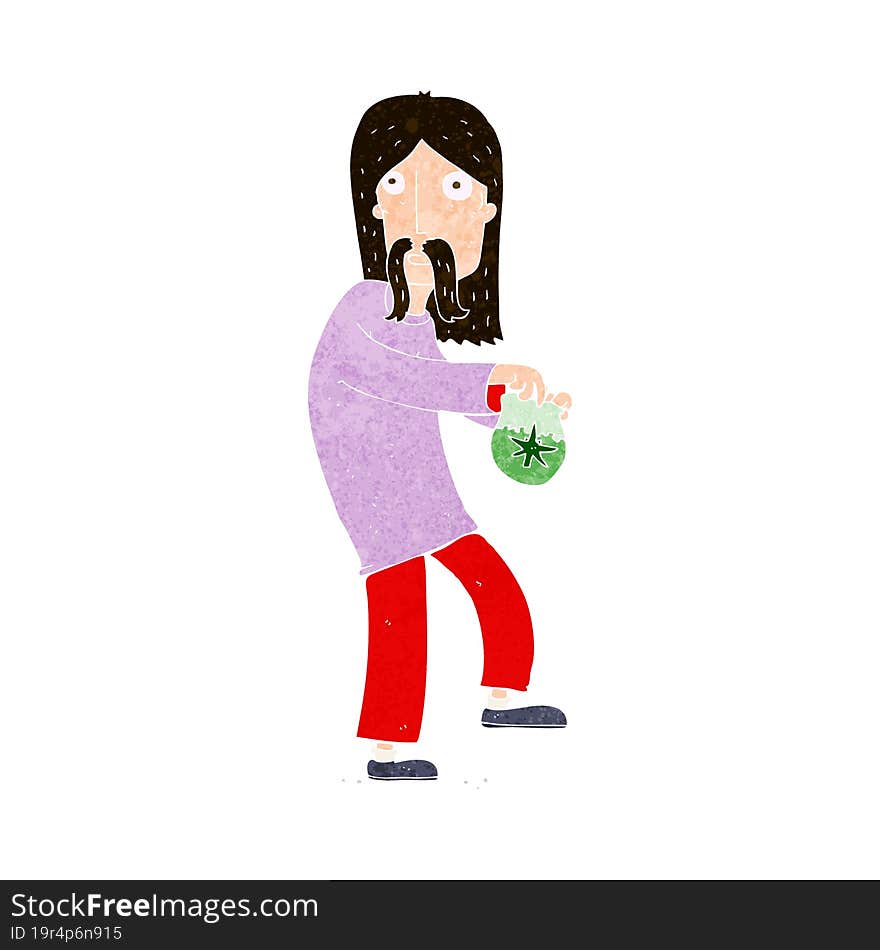 cartoon hippie man with bag of weed