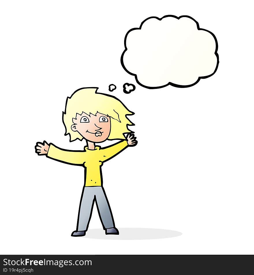 cartoon excited woman waving with thought bubble