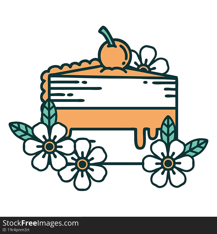 tattoo style icon of a slice of cake and flowers