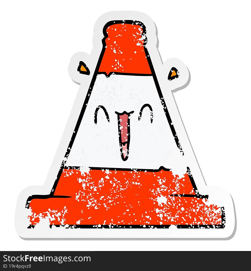 Distressed Sticker Of A Cartoon Road Traffic Cone