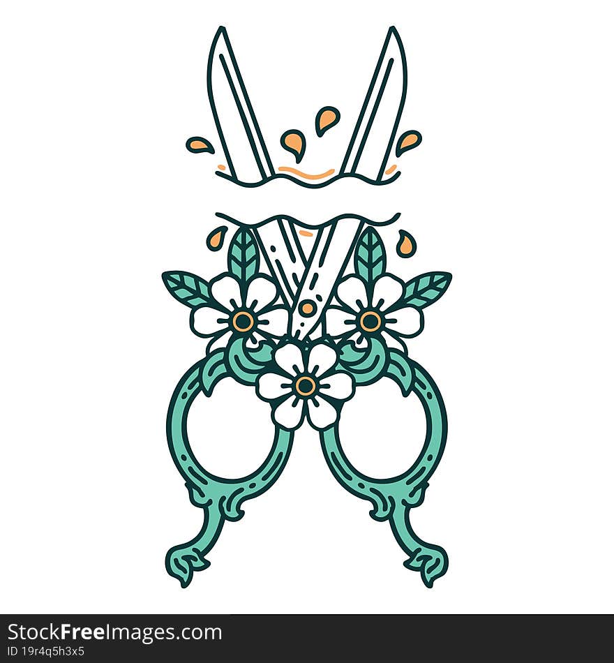 tattoo style icon of a barber scissors and flowers