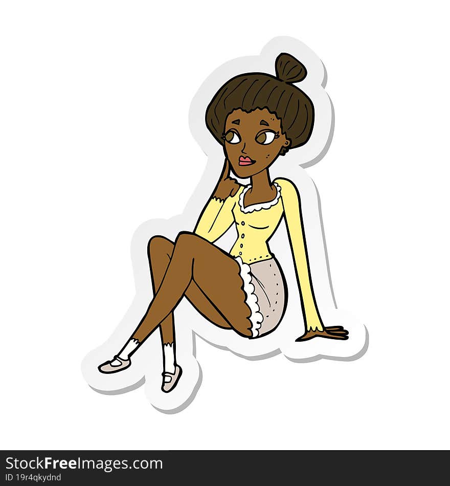 sticker of a cartoon attractive woman sitting thinking