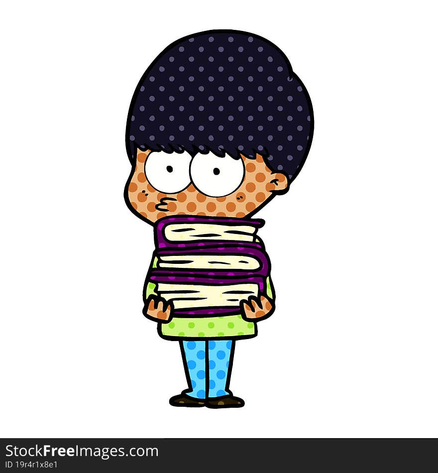 nervous cartoon boy carrying books. nervous cartoon boy carrying books