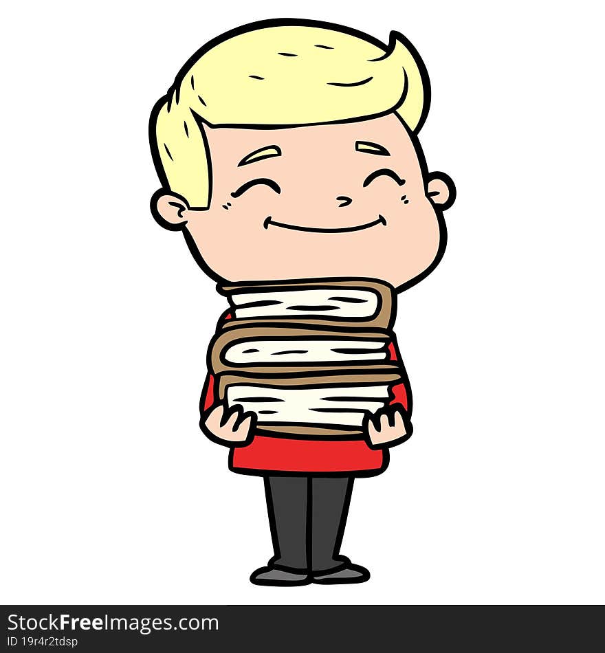 happy cartoon man with stack of books. happy cartoon man with stack of books