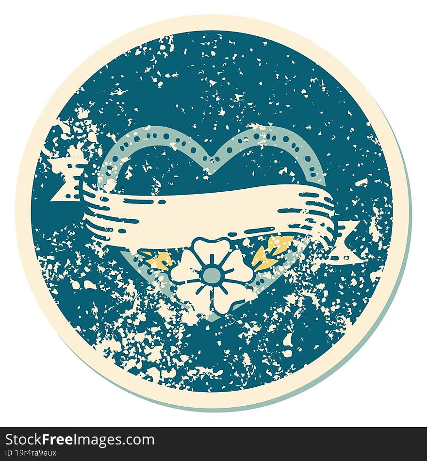 iconic distressed sticker tattoo style image of a heart and banner with flowers. iconic distressed sticker tattoo style image of a heart and banner with flowers