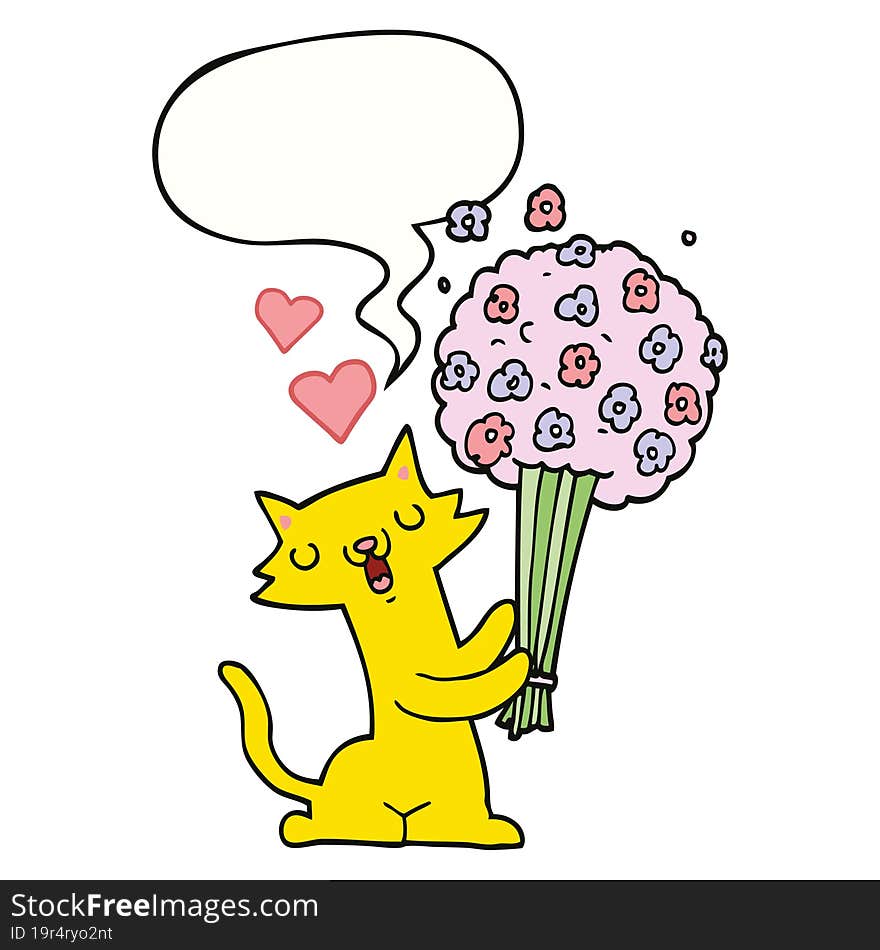 cartoon cat in love and flowers and speech bubble