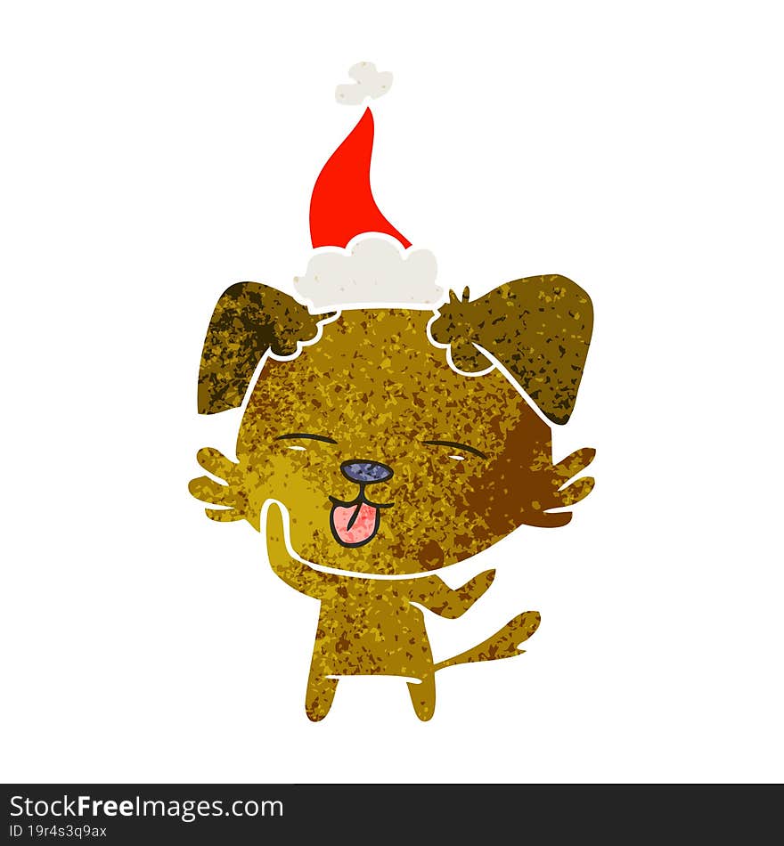 retro cartoon of a dog sticking out tongue wearing santa hat