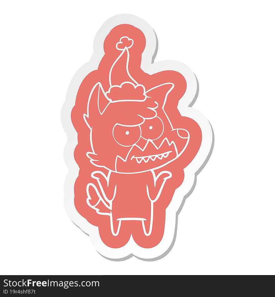 cartoon  sticker of a grinning fox wearing santa hat