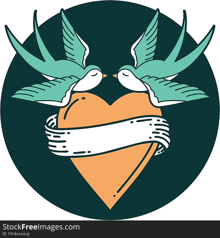 iconic tattoo style image of swallows and a heart with banner. iconic tattoo style image of swallows and a heart with banner