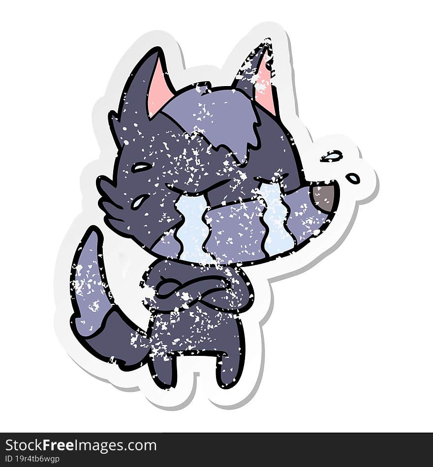 distressed sticker of a cartoon crying wolf