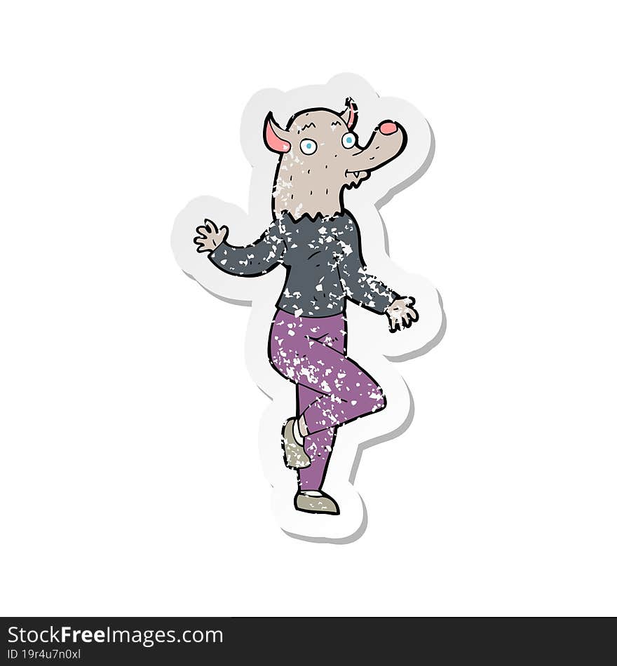 retro distressed sticker of a cartoon dancing werewolf woman