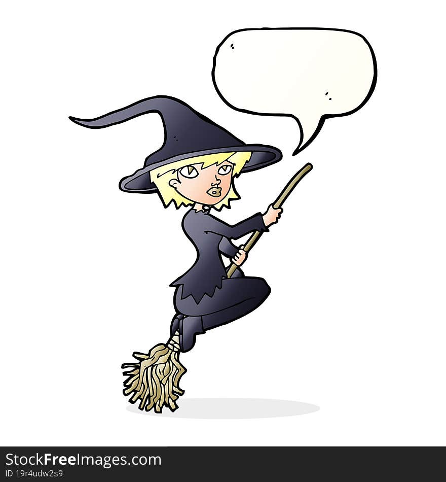 Cartoon Witch Riding Broomstick With Speech Bubble