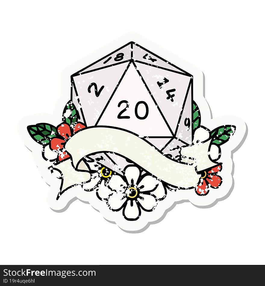 natural twenty D20 dice roll grunge sticker