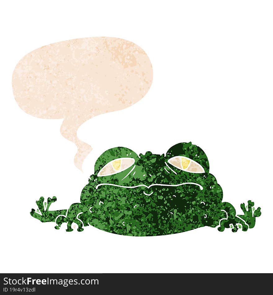 cartoon ugly frog and speech bubble in retro textured style