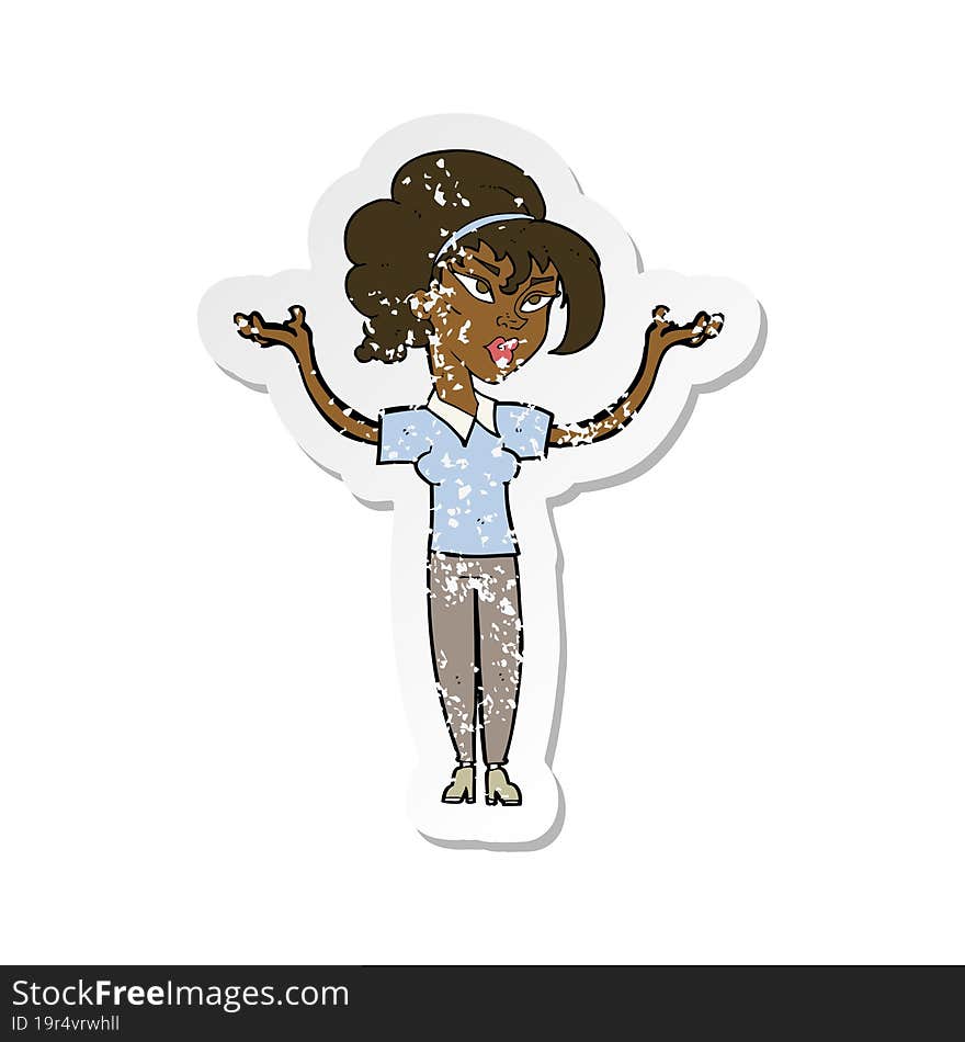 Retro Distressed Sticker Of A Cartoon Woman Raising Hands In Air