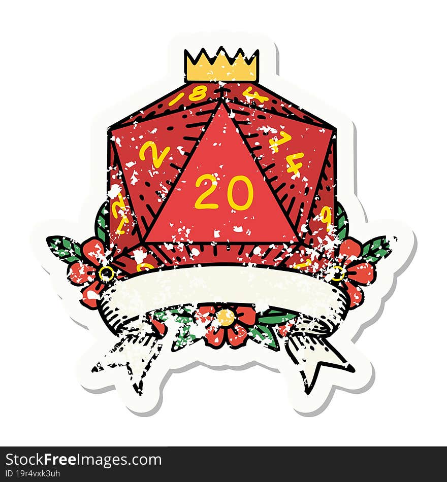 natural 20 critical hit D20 dice roll grunge sticker